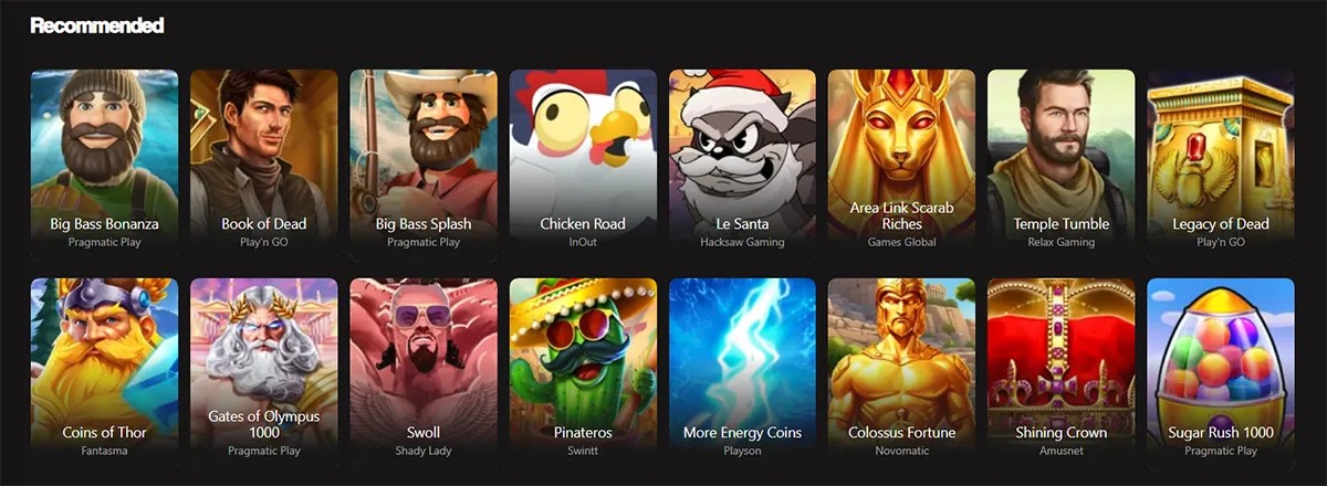 Recommended casino games grid featuring titles such as Big Bass Bonanza, Book of Dead, Big Bass Splash, Chicken Road, Le Santa, Area Link Scarab Riches, Temple Tumble, Legacy of Dead, Coins of Thor, Gates of Olympus 1000, Swoll, Pinateros, More Energy Coins, Colossus Fortune, Shining Crown, and Sugar Rush 1000 on a dark interface.