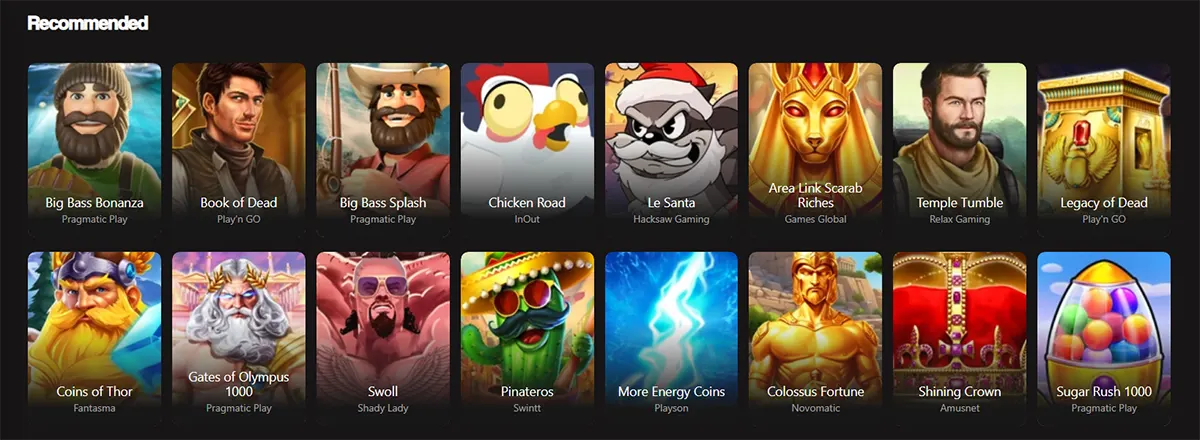 Recommended casino games grid featuring titles such as Big Bass Bonanza, Book of Dead, Big Bass Splash, Chicken Road, Le Santa, Area Link Scarab Riches, Temple Tumble, Legacy of Dead, Coins of Thor, Gates of Olympus 1000, Swoll, Pinateros, More Energy Coins, Colossus Fortune, Shining Crown, and Sugar Rush 1000 on a dark interface.