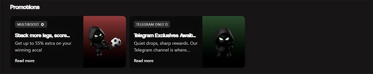 Casino promotions section with two dark promo cards, one for a multiboost football offer and one for Telegram-only rewards, both featuring ninja mascot artwork.