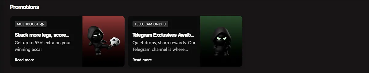 Casino promotions section with two dark promo cards, one for a multiboost football offer and one for Telegram-only rewards, both featuring ninja mascot artwork.